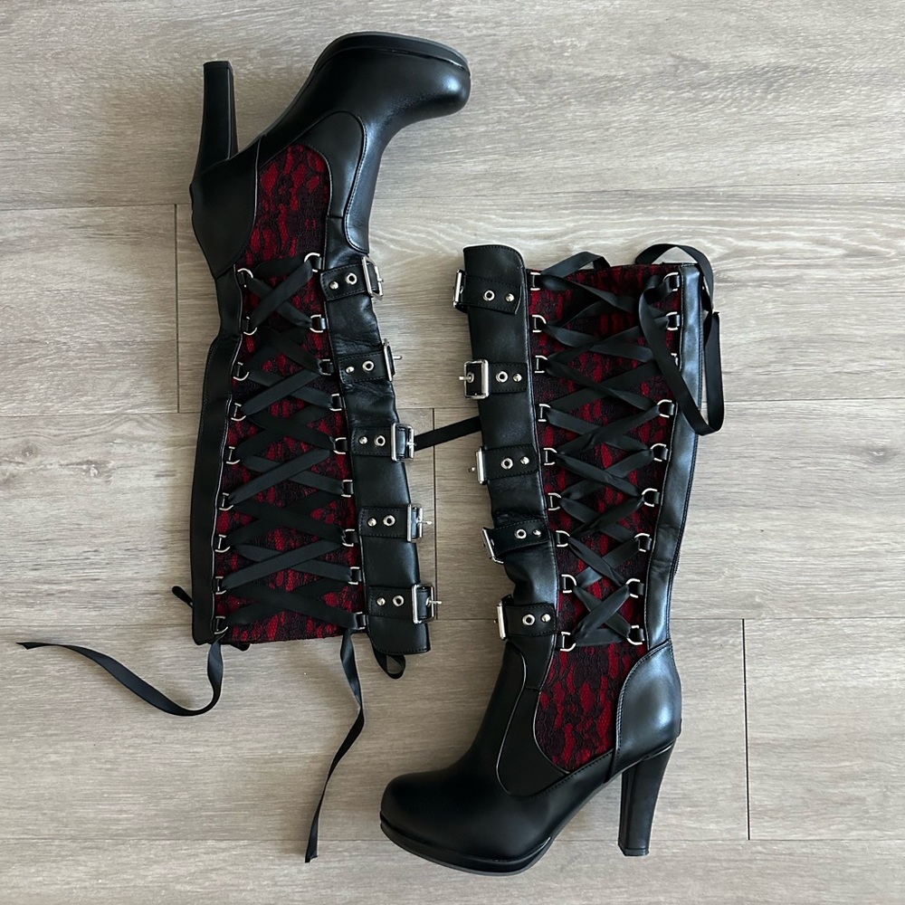 Elegant Black and Red Lace-Up Women's Boots
